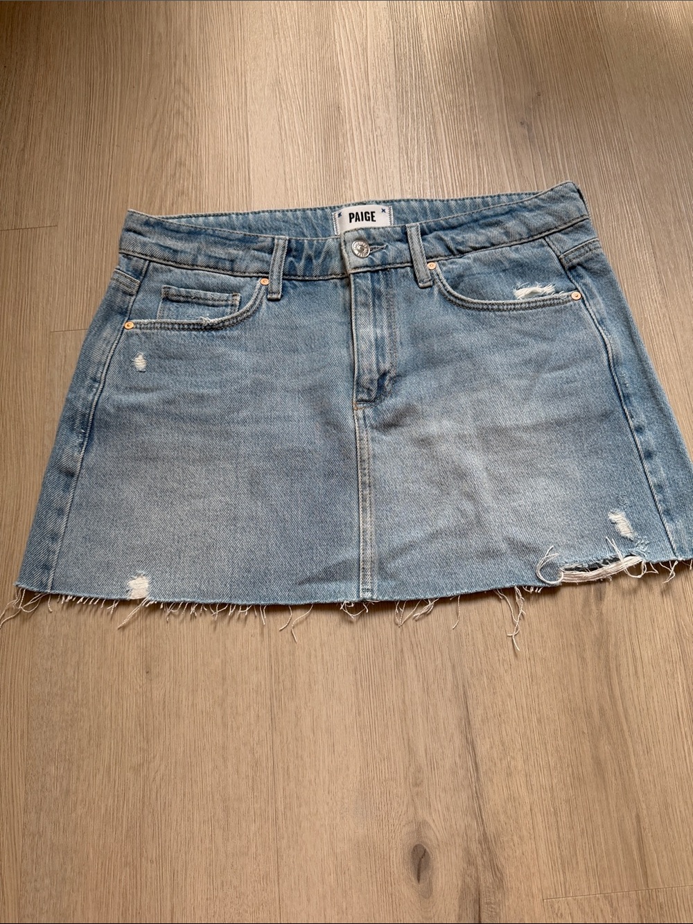 PAIGE Faded Blue Distressed Denim Mini Skirt